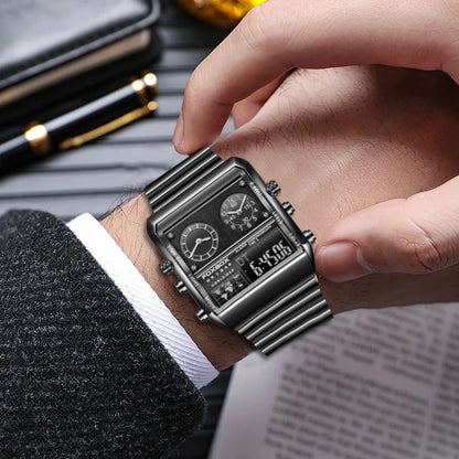 LIGE - Nuevo reloj para hombre, cuadrado, luminoso, deportivo, correa de acero inoxidable, doble pantalla, reloj de pulsera de cuarzo, reloj militar resistente al agua