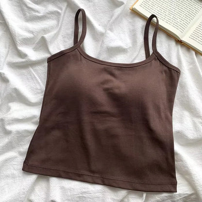 Camisola ajustada sin mangas con tirantes finos de color liso para mujer con almohadilla para el pecho, de algodón, para uso exterior, camisetas cortas de verano para mujer.