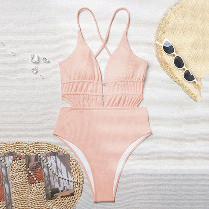 Traje de baño de una pieza sexy de canalé negro sin espalda para mujer 2025, traje de baño cruzado con tiras, traje de baño para bañistas.