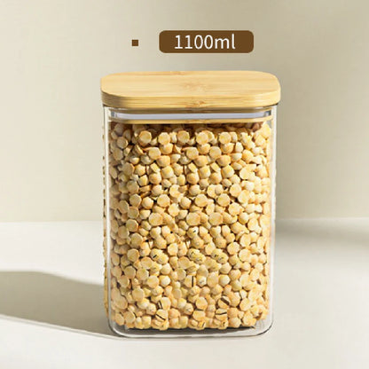 Tarro de plástico cuadrado sellado de 1100 ml para alimentos, con tapa de bambú, para cereales de cocina, transparente, para té y utensilios de cocina.