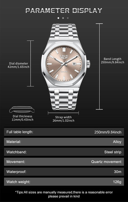 Reloj para hombre LIGE, resistente al agua, de acero inoxidable, luminoso, de negocios, de cuarzo, de moda, con calendario