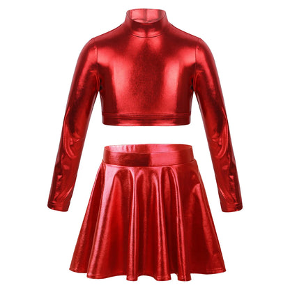 Ropa para niños, blusas sin mangas metálicas para niñas, minifalda plisada acampanada, conjunto de 2 piezas para niños, ropa de baile