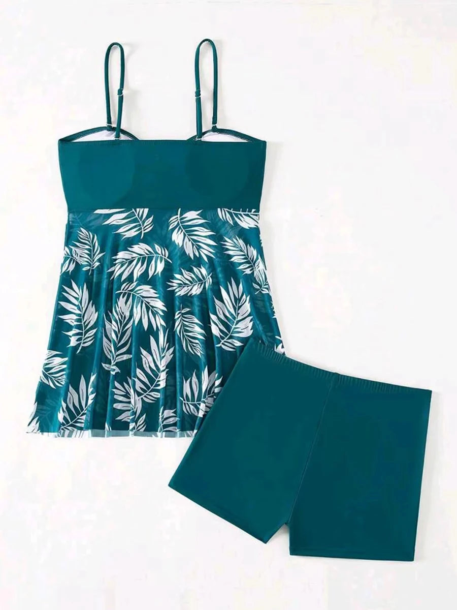 2025 Vestido corto tankini con pantalones cortos traje de baño para mujer traje de baño femenino acolchado estampado traje de baño natación ropa de playa verano