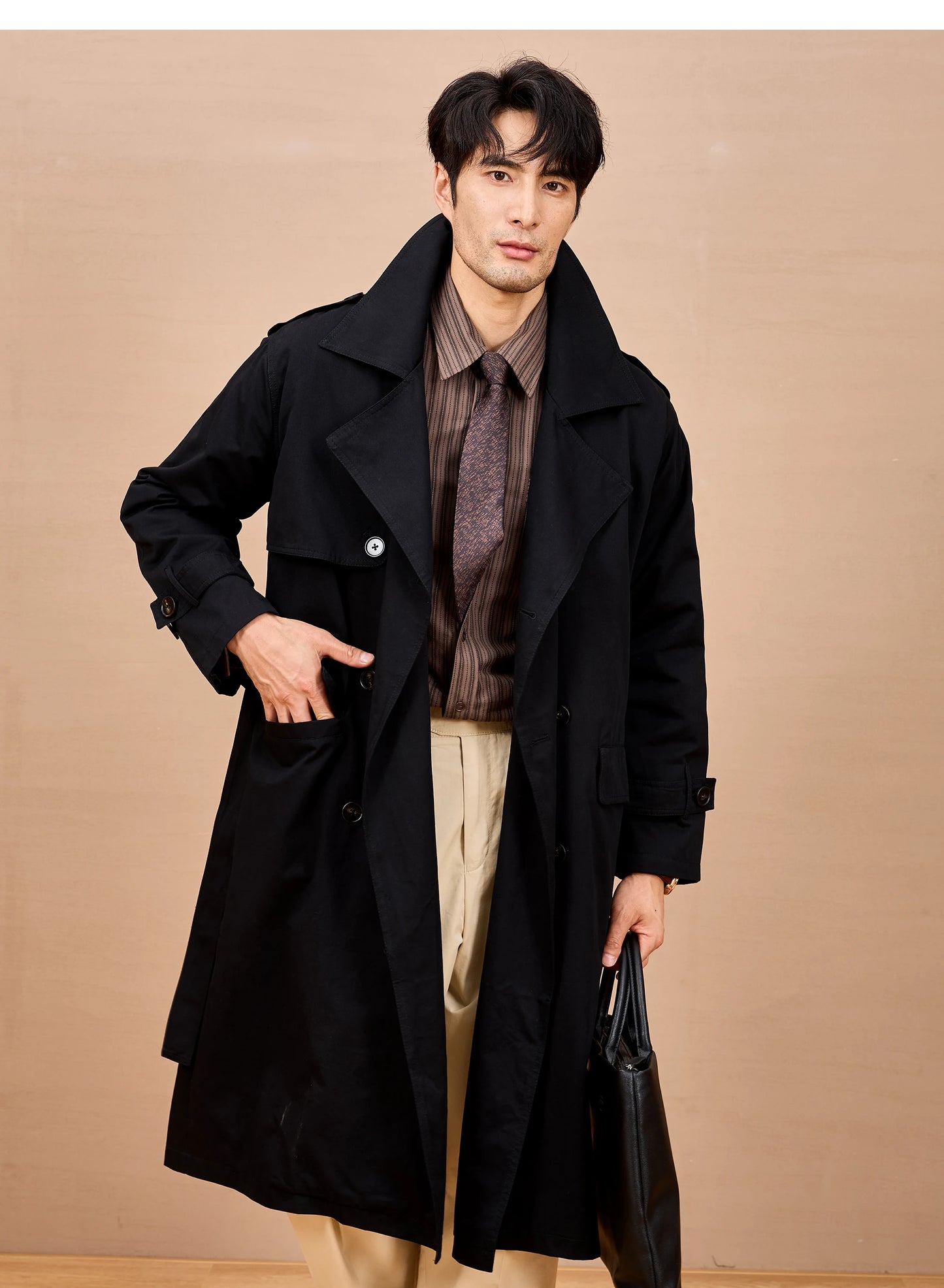 Gabardina larga negra y caqui de Mauroicardi para hombre, primavera/otoño, con hombreras, doble botonadura, estilo británico elegante, moda 2025