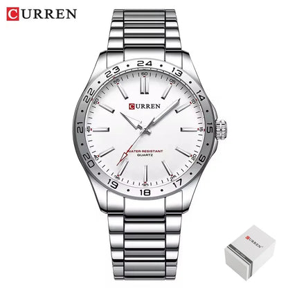 CURREN 8452 Reloj de cuarzo para hombre, sencillo, moderno, para ocio y negocios, con correa de acero inoxidable negra y plateada.