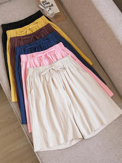 Pantalones cortos de algodón para mujer, informales, de verano, con dos bolsillos, de cintura alta, holgados, suaves y frescos.
