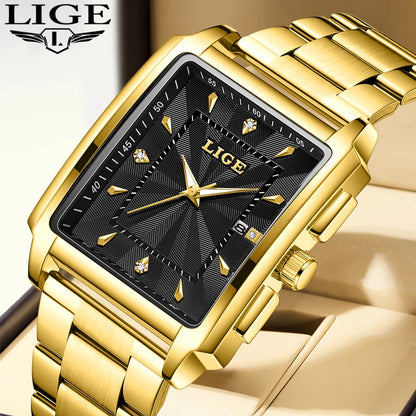 LIGE - Reloj de negocios de moda para hombre, cuadrado, deportivo, resistente al agua, marca superior, de lujo, militar, de cuarzo, cronógrafo de pulsera