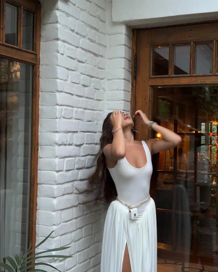 Vestido largo sexy con abertura alta JULISSA MO para mujer, negro, sin mangas, de talle alto, ideal para otoño, elegante y ajustado, perfecto para fiestas y discotecas (2024)