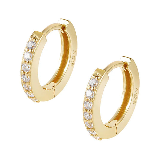 Pendientes de clip de una sola fila de circonitas estilo coreano en plata esterlina S925 - Diseño circular, Japón-Corea, lujo ligero, chapado en oro pulido S