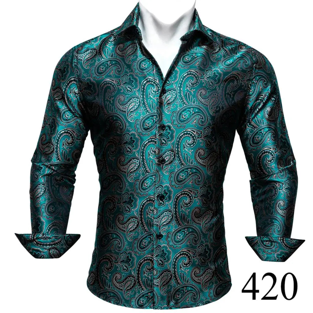 Camisas clásicas negras estampadas y bordadas para hombre, solapa de seda, manga larga, corte formal exquisito, ideales para eventos de negocios y fiestas. Barry.Wang CY-0407