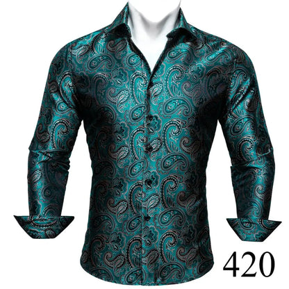 Camisas clásicas negras estampadas y bordadas para hombre, solapa de seda, manga larga, corte formal exquisito, ideales para eventos de negocios y fiestas. Barry.Wang CY-0407