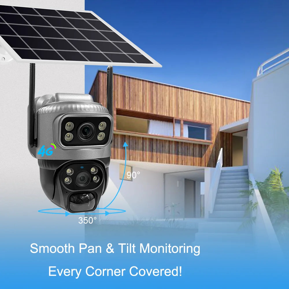 Cámara IP de seguridad V380 de doble lente, 4G, con detección humana PIR solar, visión nocturna, resistente al agua, 8MP, 4K, monitor CCTV con batería