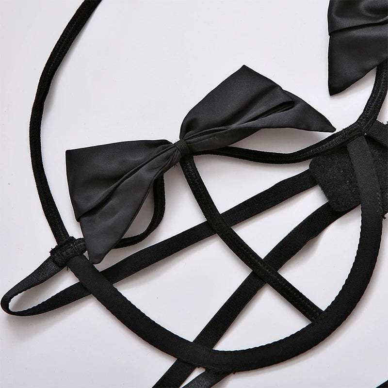 Conjunto de lencería sexy de 3 piezas con sujetador y tanga con lazo para mujer, conjunto de lencería sexy con ligas y perspectiva recortada.