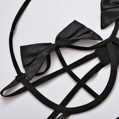 Conjunto de lencería sexy de 3 piezas con sujetador y tanga con lazo para mujer, conjunto de lencería sexy con ligas y perspectiva recortada.