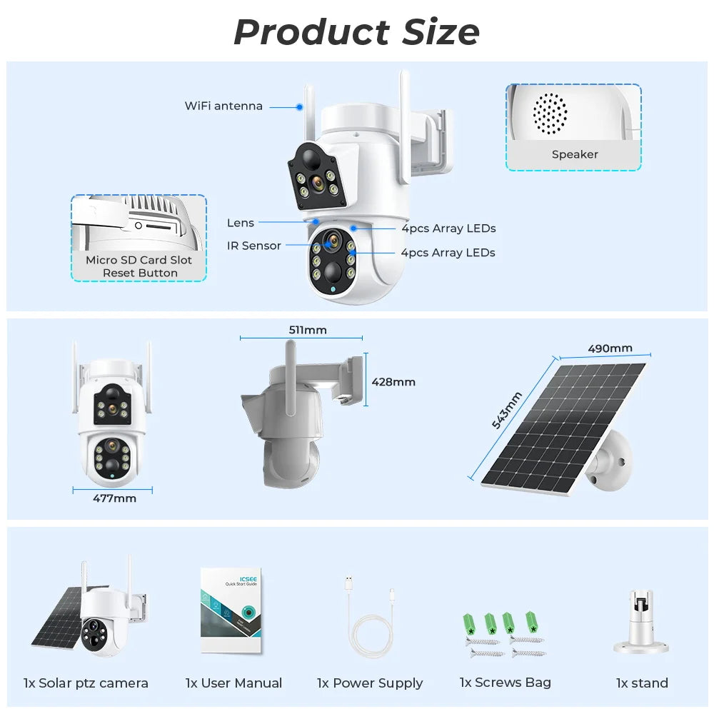 Cámara de seguridad exterior inalámbrica ICSEE de 8 MP, 4K, Wi-Fi, doble lente, 8MP, 4K, solar, con batería de 7800 mAh y 365 días de autonomía en espera.