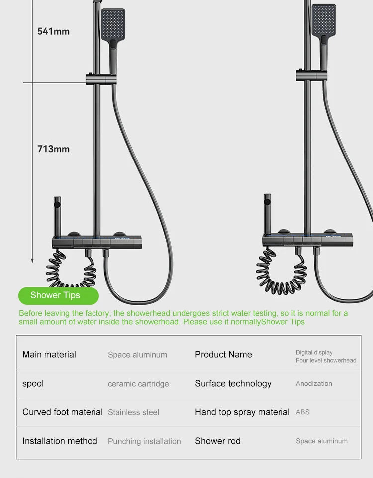 Sistema de ducha con luz ambiental y botones de piano grises, pantalla digital, grifos tipo lluvia y cabezal de ducha.