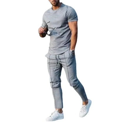 Conjunto deportivo para hombre, otoño 2023, verano, liso, informal, cuello redondo, manga corta, camiseta deportiva, conjunto de dos piezas para hombre