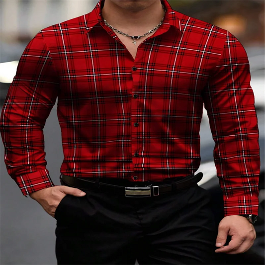 2024 new men's classic striped plaid long-sleeved shirt Men's classic red casual fashion shirt top