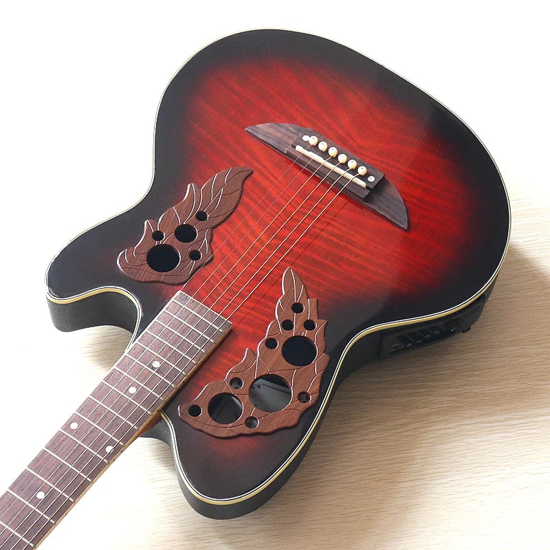 Guitarra acústica de fondo redondo con pequeños defectos, tapa flameada de alto brillo, 6 cuerdas, 38"