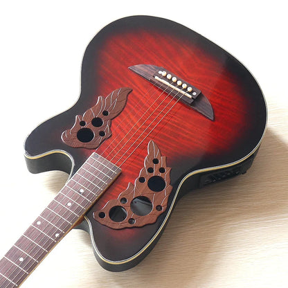 Guitarra acústica de fondo redondo con pequeños defectos, tapa flameada de alto brillo, 6 cuerdas, 38"