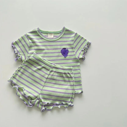 Ropa para niños de 0 a 3 años, conjunto de camiseta y pantalones cortos de algodón puro a rayas de verano, conjunto de manga corta para niñas y vacaciones en la playa