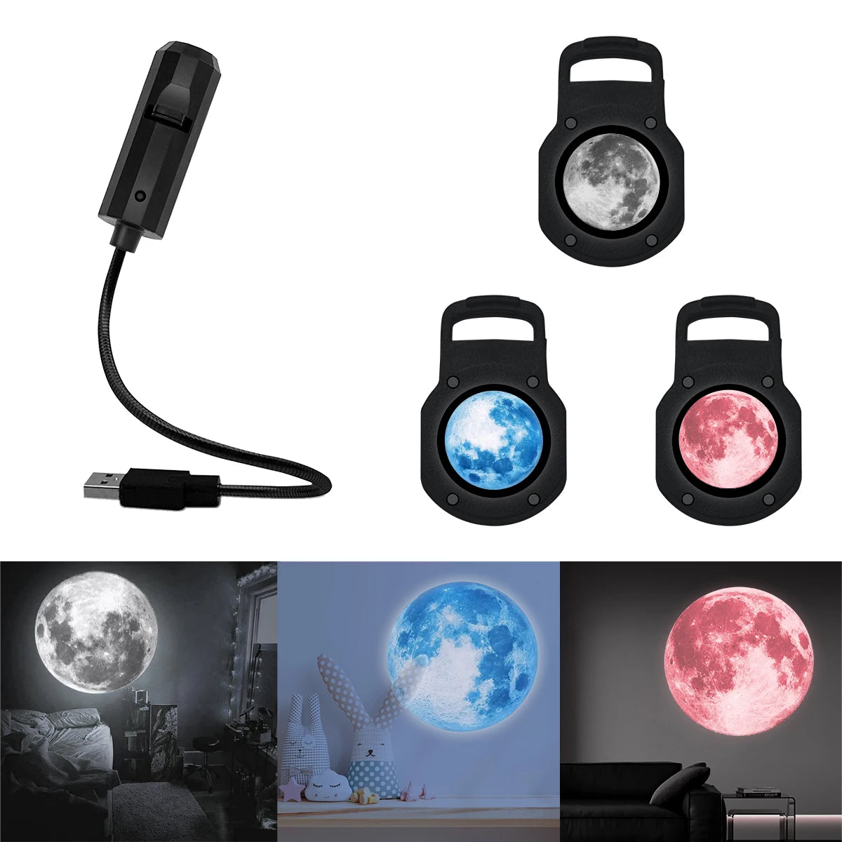 Luz de atmósfera de luna de tres colores cambiantes, luz de proyección de cielo estrellado LED, luz electrónica con interfaz USB