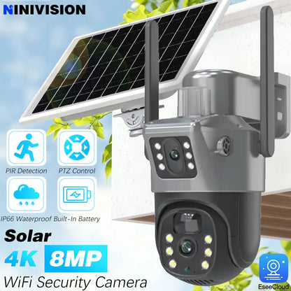 Cámara solar 4K de 8 MP con doble pantalla, Wi-Fi de doble banda 5G y 2.4 GHz, PTZ inalámbrica para exteriores, detección PIR, CCTV, EseeCloud