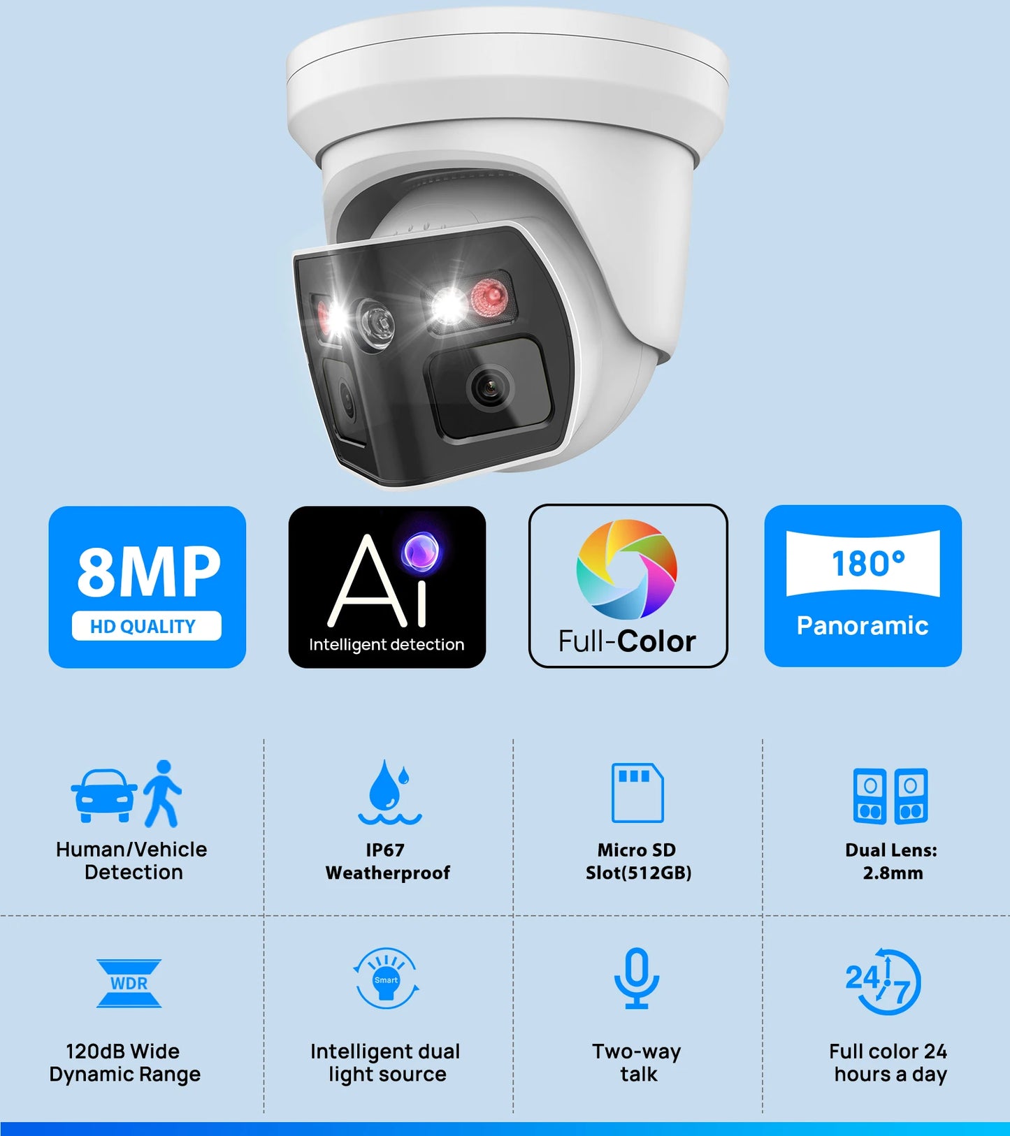 Cámara IP panorámica VIKYLIN compatible con Hikvision, 8 MP, 2 lentes, audio bidireccional, alarma MD2.0, videovigilancia exterior.