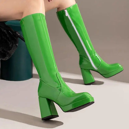 Botas altas impermeables para mujer, con plataforma de 10 cm y punta cuadrada, botines de invierno 2025 hasta la rodilla con tacón grueso, talla grande 43