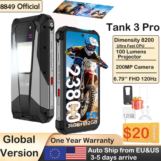 8849 Tank 3 Pro Unihertz Smartphone con proyector resistente, batería de 23800 mAh, 5G, Android 14, para exteriores, 512 GB + 36 GB, carga rápida de 120 W, doble SIM