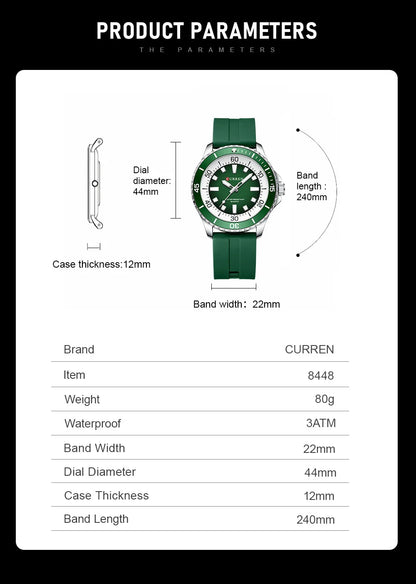 CURREN 8448 Reloj de cuarzo de moda para hombre, reloj de pulsera deportivo con correa de silicona, luminoso, resistente al agua y esfera grande para exteriores