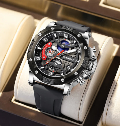 Reloj deportivo LIGE para hombre, de primera marca, de silicona, de lujo, con cronógrafo, esfera pequeña, función de cuarzo, resistente al agua, luminoso.