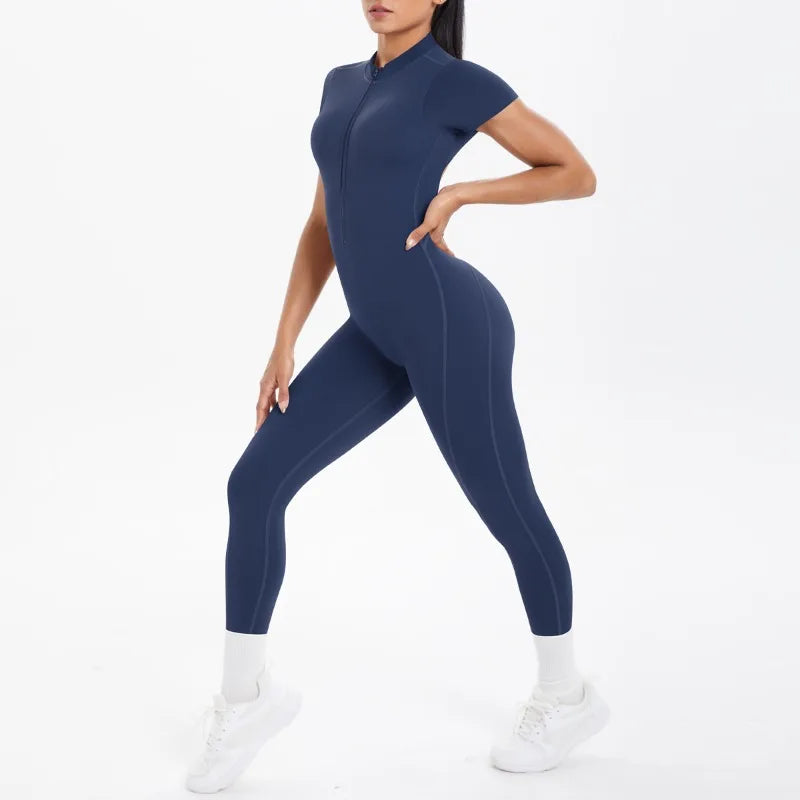 Mono deportivo de yoga sexy con cremallera frontal, espalda descubierta, manga corta, pantalones cortos, ropa deportiva para fitness, correr, gimnasio, yoga y actividades deportivas para mujer.