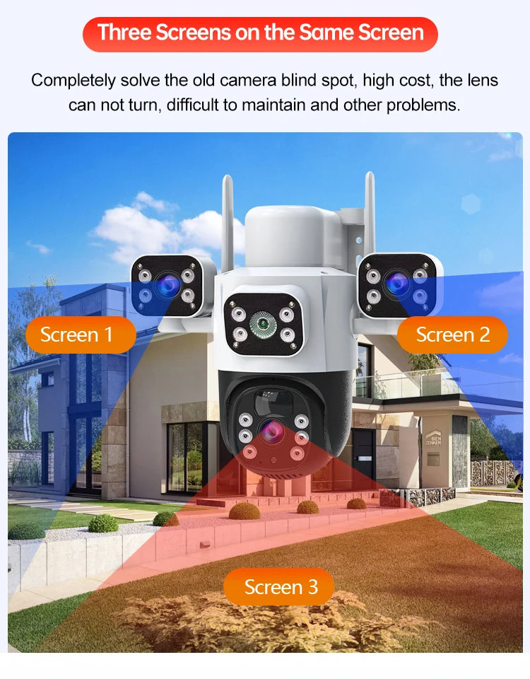 Cámara IP WiFi solar de 12 MP, CCTV con tres lentes y tres pantallas, seguimiento automático, vigilancia exterior 6K 4G, cámara PTZ, protección de seguridad
