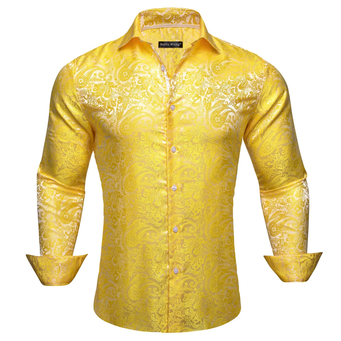 Camisas de seda de diseño para hombre en azul, dorado, verde, rojo, blanco y negro. Estampado cachemir bordado. Corte ajustado. Blusas casuales de manga larga.