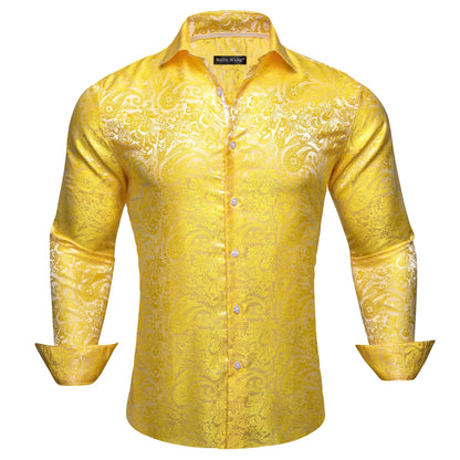 Camisas de seda de diseño para hombre en azul, dorado, verde, rojo, blanco y negro. Estampado cachemir bordado. Corte ajustado. Blusas casuales de manga larga.