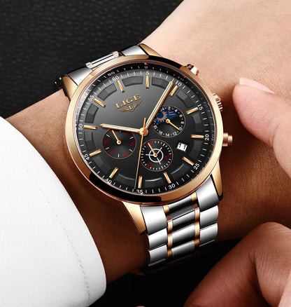 LIGE - Reloj de negocios para hombre, de cuarzo, de lujo, resistente al agua, 3 barras, cronógrafo luminoso, regalo + caja