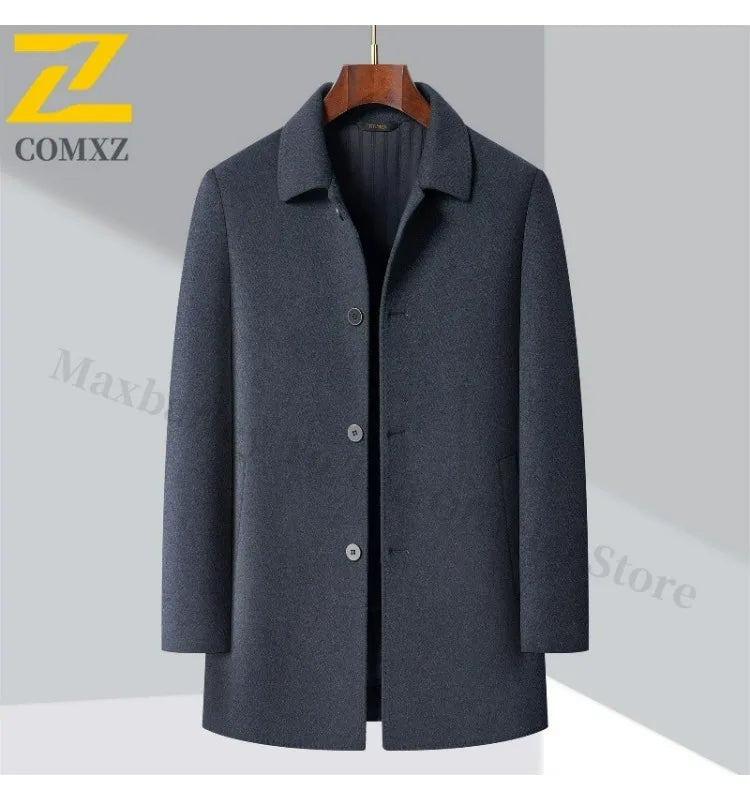 2025 Winter Men Wool Blend Overcoat Mid Length Double Faced Thick Warm Coat Detachable Goose Down Inner Premium TrenchCoat