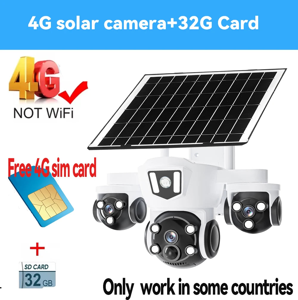 Cámara solar inalámbrica WiFi DIFANG V380 Pro para exteriores con tres pantallas, tarjeta SIM 4G y batería. Sistema de videovigilancia solar con tres lentes y batería.