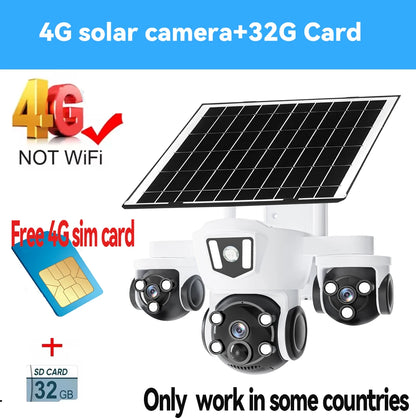 Cámara solar inalámbrica WiFi DIFANG V380 Pro para exteriores con tres pantallas, tarjeta SIM 4G y batería. Sistema de videovigilancia solar con tres lentes y batería.