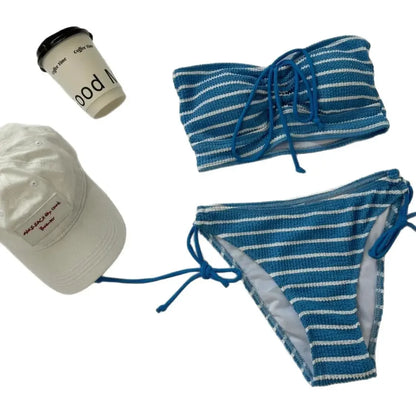 Bikini de rayas sin tirantes para mujer, traje de baño de tres piezas, diseño sexy de diva dividido, ideal para playa y natación.