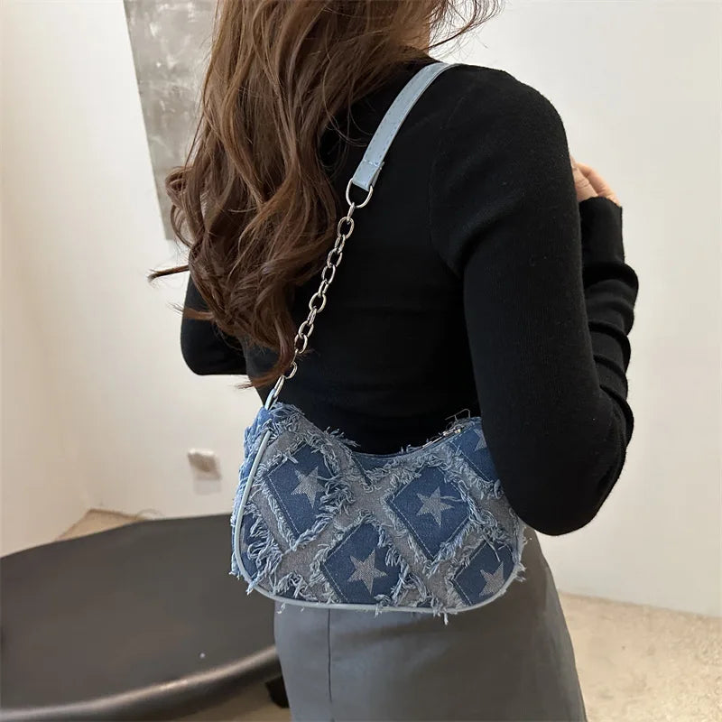 Nuevo bolso de mezclilla a cuadros para debajo del brazo, diseño vintage Y2K, con correa de cadena para el hombro, bolso de compras callejero