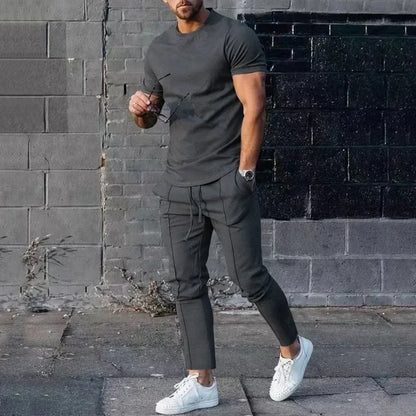 Conjunto deportivo para hombre, otoño 2023, verano, liso, informal, cuello redondo, manga corta, camiseta deportiva, conjunto de dos piezas para hombre