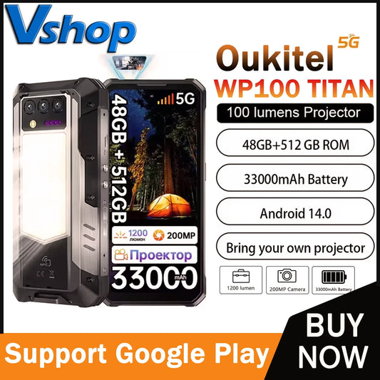 OUKITEL WP100 Titan 5G Teléfono resistente 48GB+512GB 33000mAh Carga de 66W Cámara de 200MP Pantalla de 6.8'' Android 14 Proyector Luz de camping Smartphone