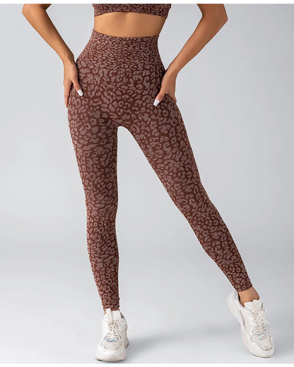 Pantalones de yoga con estampado de leopardo sin costuras para mujer, con realce de cadera y cintura alta, con alta elasticidad.