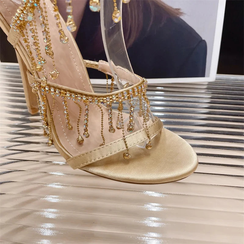 Liyke - Elegantes zapatos de boda para mujer, con borlas de cristal, sandalias de tacón de aguja con punta abierta y tacones de stripper dorados