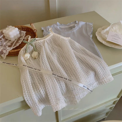Ropa para niños 2025, conjunto de ropa azul + camisola, falda, chaleco de tulipán, falda de punto, versión coreana, conjunto para bebé con estilo
