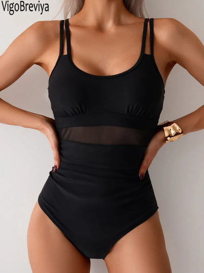 VigoBreviya 2025 Traje de baño de una pieza con tirantes huecos para mujer Traje de baño de malla de retazos Monokini sin espalda Traje de baño para mujer