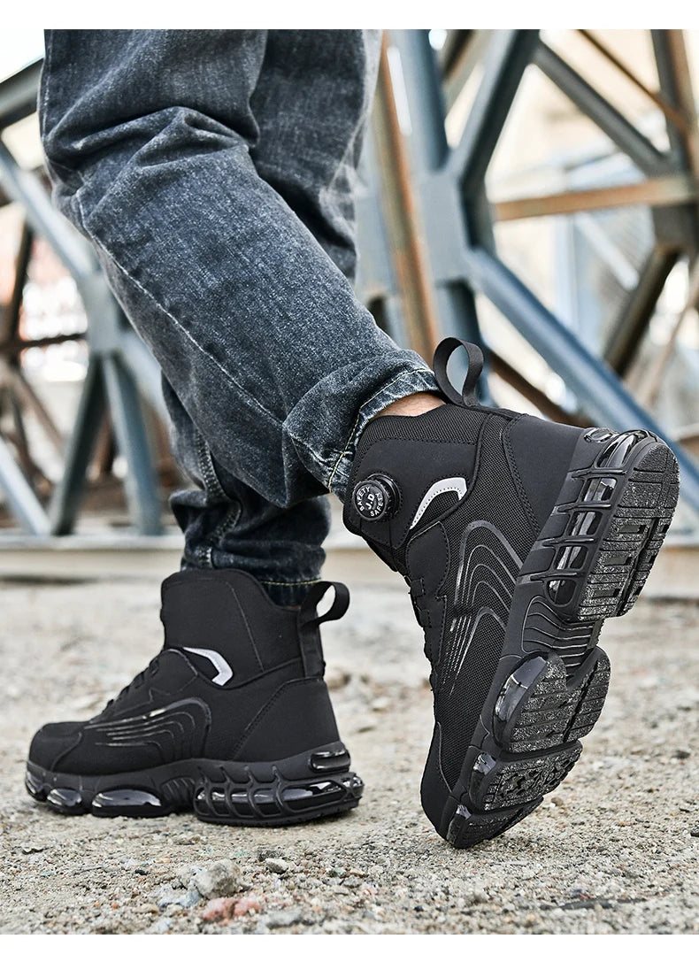 Zapatos de seguridad de caña alta para hombre con botón giratorio, resistentes a impactos y perforaciones, zapatillas de moda para hombre, calzado de seguridad profesional.