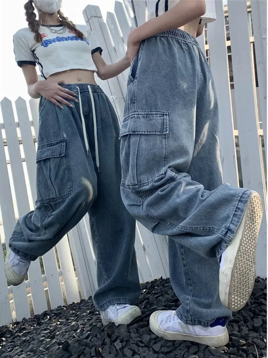 Vaqueros rectos de estilo retro para mujer, diseño de nicho, holgados y con múltiples bolsillos, de pierna ancha.
